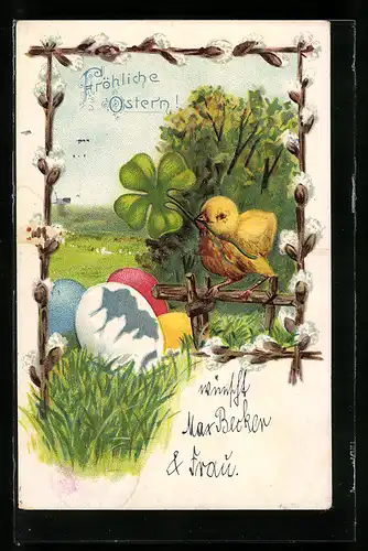 AK Fröhliche Ostern!, Osterküken mit Klee
