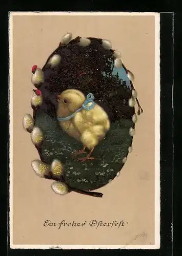 AK Osterküken mit Schleife und Palmkätzchenzweig