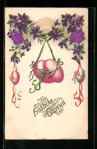 Präge-AK Fröhliche Ostern, Ostereier und Veilchen