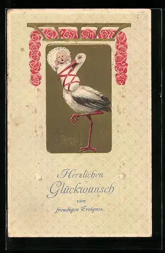AK Glückwunsch zum freudigen Ereignis, Storch mit Neugeborenem, Geburt