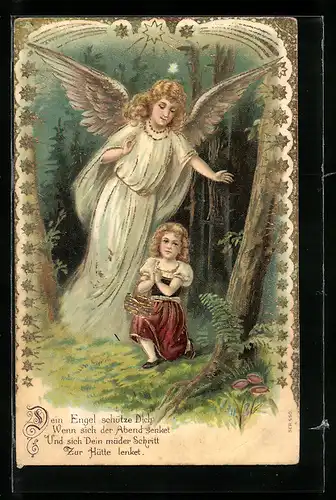 Präge-AK Schutzengel wacht über das Mädchen im nächtlichen Wald