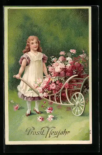AK Mädchen mit Schubkarren voller Blüten