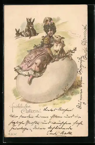 AK Osterhasen erblicken Dame mit Lämmchen