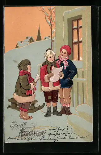 AK Neujahr, Kinder stehen vor einem Haus und singen