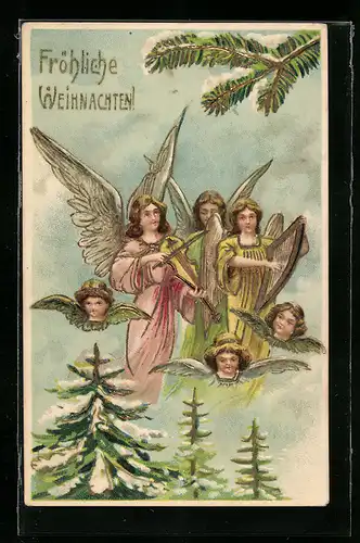 AK Musizierende Weihnachtsengel mit Harfe und Geige