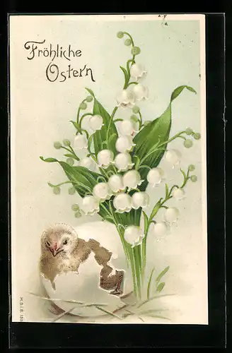 AK Osterküken und Maiglöckchen