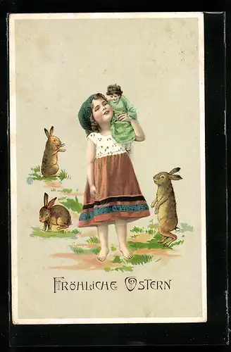 AK Osterhasen und Mädchen mit Puppe