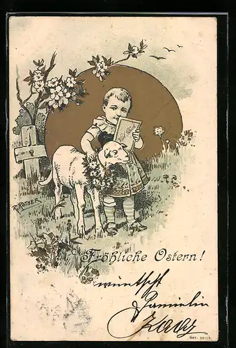 AK Kleiner Junge mit Lamm zu Ostern