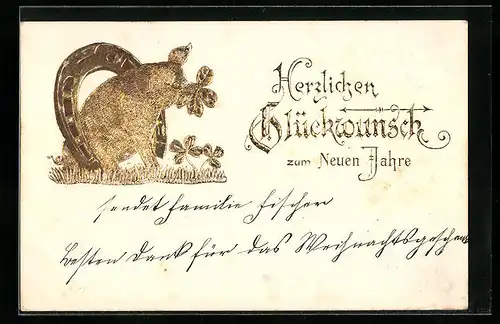 Präge-AK Schwein mit Glücksklee unterm Hufeisen, Neujahrsgruss