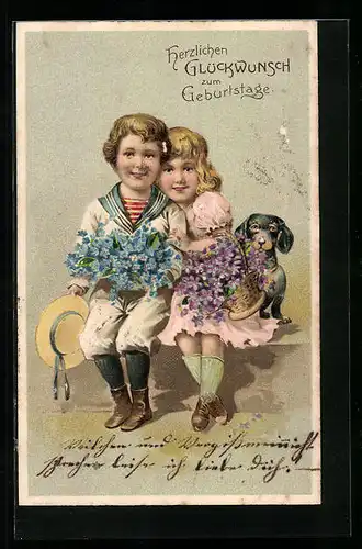 Präge-AK Kleine Gratulanten mit Dackel
