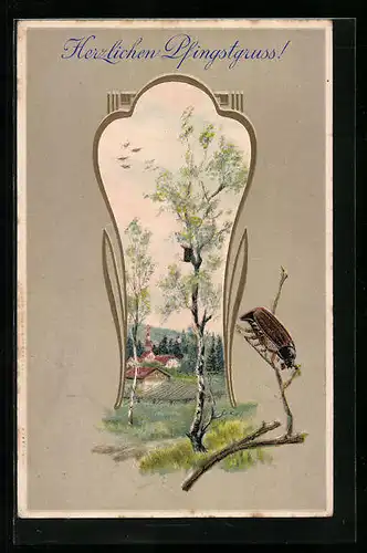 Präge-AK krabbelnder Maikäfer auf einem Zweig, Landschaftsbild in einem Rahmen