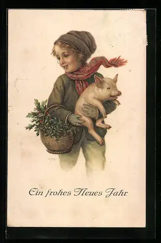 AK Knabe mit Schweinchen, Neujahrsgruss