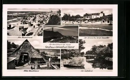 AK Horst / Ostseebad, Der Leuchtturm bei Nacht, Altes Rauchhaus, Am Badestrand