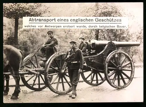 Riesen-AK Propaganda 1. Weltkrieg, durch belgischen Bauer erobertes englisches Geschütz vor Antwerpen