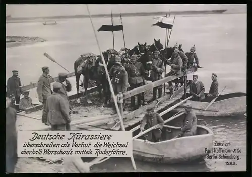 Riesen-AK Deutsche Kürassiere überschreiten als Vorhut die Weichsel oberhalb von Warschau mittels Ruderfähre
