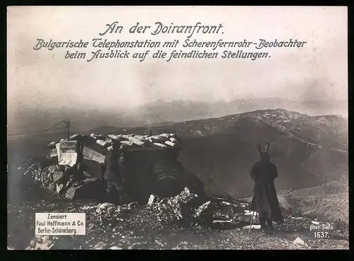 Riesen-AK 1. Weltkrieg, Bulgarische Telephonstation mit Scherenfernrohr-Beobachter an der Doiranfront