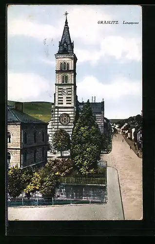 AK Graslitz, Langegasse mit Kirche