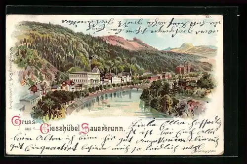 Lithographie Giesshübel-Sauerbrunn, Blick auf die Ortschaft