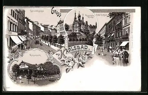 Lithographie Karlsbad, Sprudelgasse, Kaiserpark, Cafe Elefant