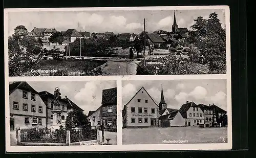 AK Grosslangheim, Gasthaus zum Hirschen, Hindenburgplatz, Kriegerdenkmal, Ortsansicht