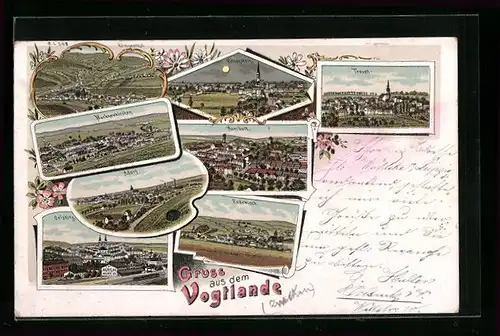 Lithographie Klingenthal, Gesamtansicht, Ansichten von Markneukirchen, Treuen und weiterer vogtländischer Orte