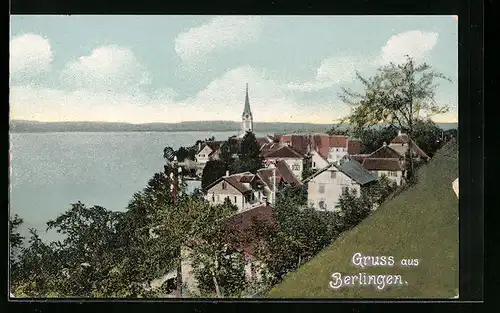 AK Berlingen, Blick über den Ort mit See und Kirche