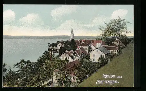 AK Berlingen, Blick über den Ort mit See und Kirche