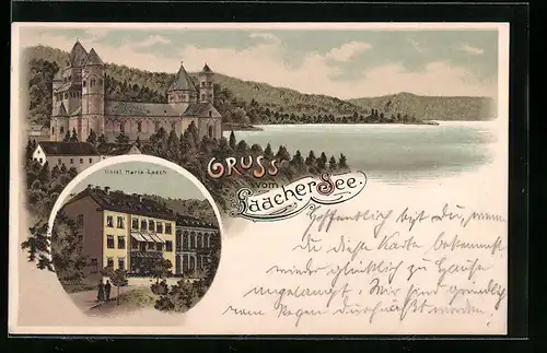 Lithographie Maria Laach, Partie am Hotel, Laacher See