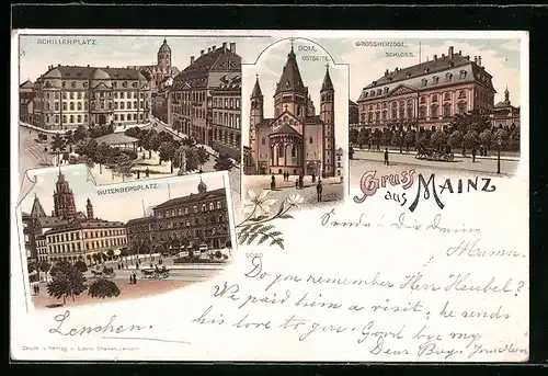 Lithographie Mainz, Schillerplatz, Gutenbergplatz, Dom, Grossherzogl. Schloss