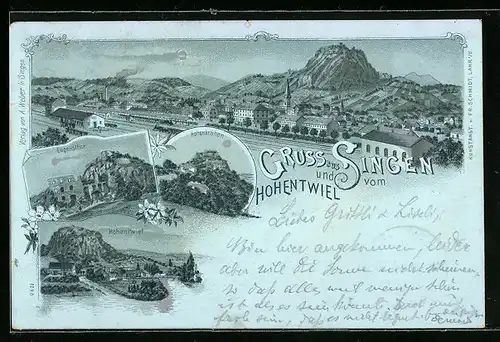 Lithographie Singen, Ortsansicht mit Bahnhof, Eugenstor, Hohentwiel