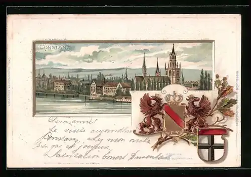 Passepartout-Lithographie Constanz, Teilansicht mit Kirche, Wappen