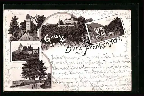 Vorläufer-Lithographie Frankenstein, 1895, Burg, Forsthaus, Alte Burglinde