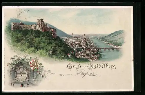 Lithographie Heidelberg, Gesamtansicht mit Schloss, das Grosse Fass