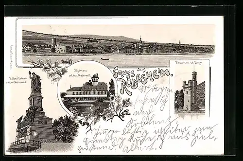 Lithographie Rüdesheim, Jägerhaus auf dem Niederwald, National-Denkmal, Mäuseturm
