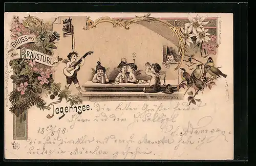 Lithographie Tegernsee, Engelchen im Gasthaus Bräustübl