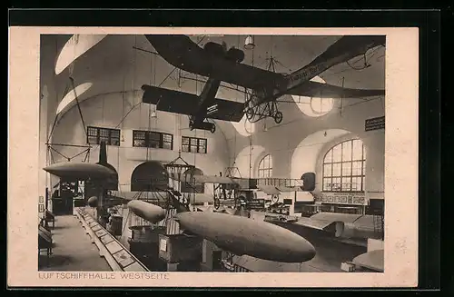 AK München, Luftschiffhalle Westseite, Zeppeline und Flugzeuge