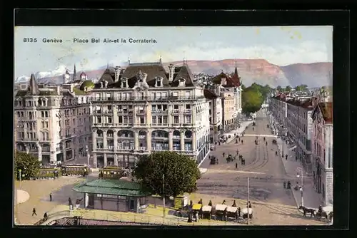 AK Genève, Place Bel Air et la Corraterie, Strassenbahn