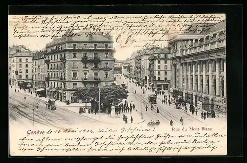 AK Genève, Rue du Mont Blanc, Strassenbahn