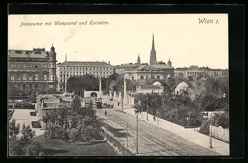 AK Wien, Panorama mit Wienportal, Kursalon und Strassenbahn