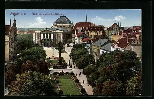 AK Halle a. S., Blick nach dem Stadttheater mit Strassenbahn