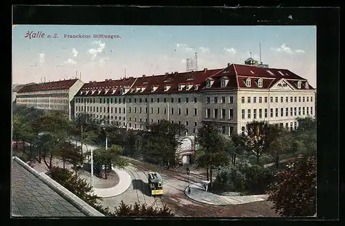 AK Halle a. S., Franckens Stiftungen mit Strassenbahn
