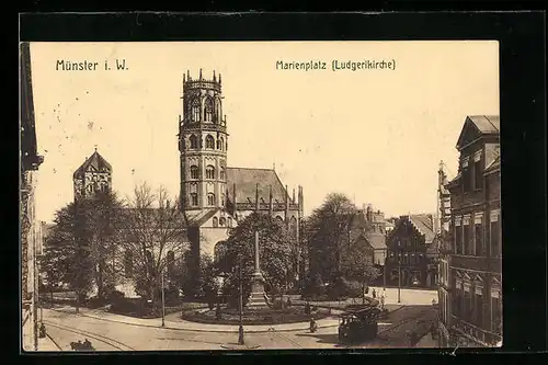 AK Münster i. W., Marienplatz mit Ludgerikirche und Strassenbahn