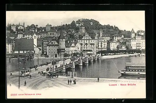 AK Luzern, neue Brücke, Strassenbahn