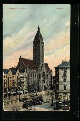 Lithographie Berlin-Charlottenburg, Rathaus in Abenddämmerung