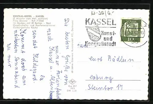 AK Kassel, Central-Hotel, Aussen- und Innenansichten