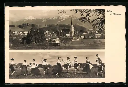 AK Prien am Chiemsee, Gesamtansicht, Leute in Trachten beim Tanz