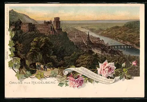 Lithographie Heidelberg, Gesamtansicht mit Schloss aus der Vogelschau