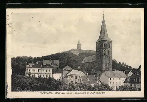 AK Siegburg, Blick auf Kath. Pfarrkirche und der Abtei Michaelsberg im Hintergrund