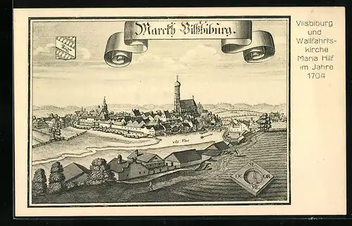 Künstler-AK Vilsbiburg, Ortsansicht und Wallfahrtskirche Maria Hilf im Jahr 1704