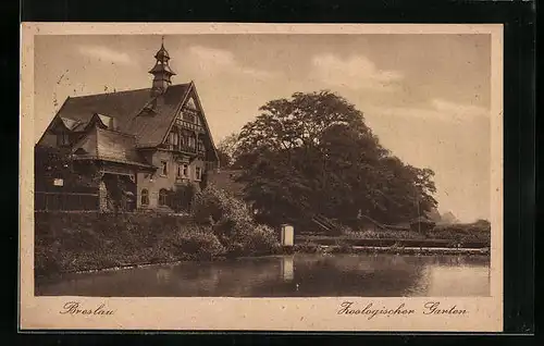 AK Breslau, Zoologischer Garten, Gebäude und Teich